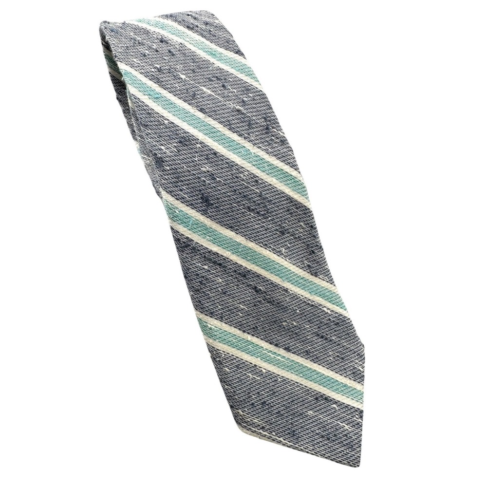 Lands' End Neck Tie Linen Blend Navy Blue & Turquoise Slub Stripe Men's Long
